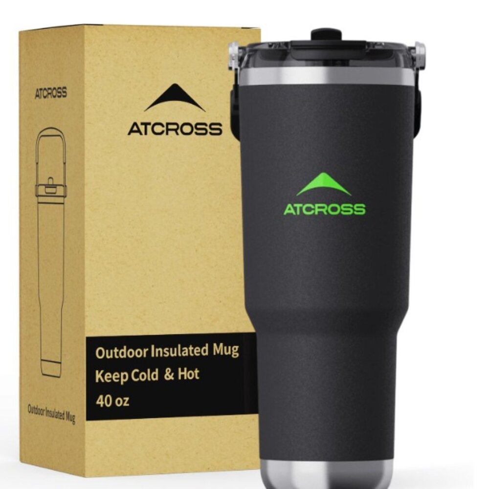 40oz Stainless Steel Tumbler with Handle & Dual Straw Lid – Black